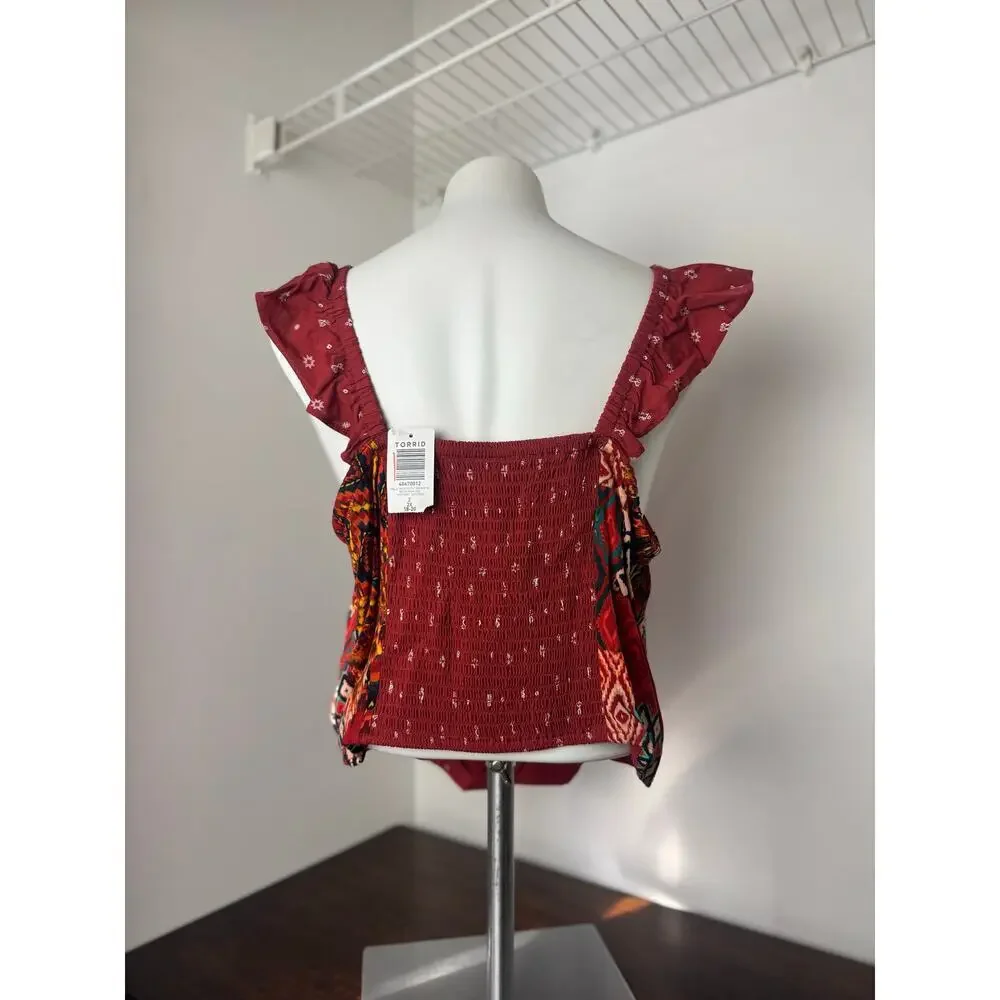 Torrid Burnt Orange and Patterned Challis Ruffle Trim Crop Top Size 2X